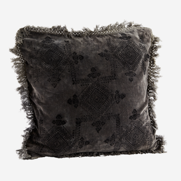 Coussin velours gris à franges