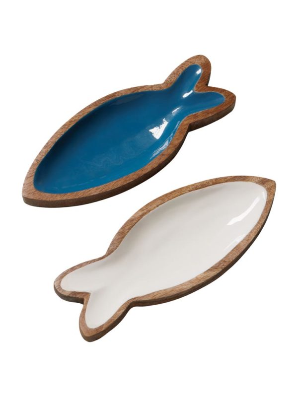 set plats poissons lacques bleu blanc 1 - Plats poisson bois laqué blanc et bleu- Set de 2